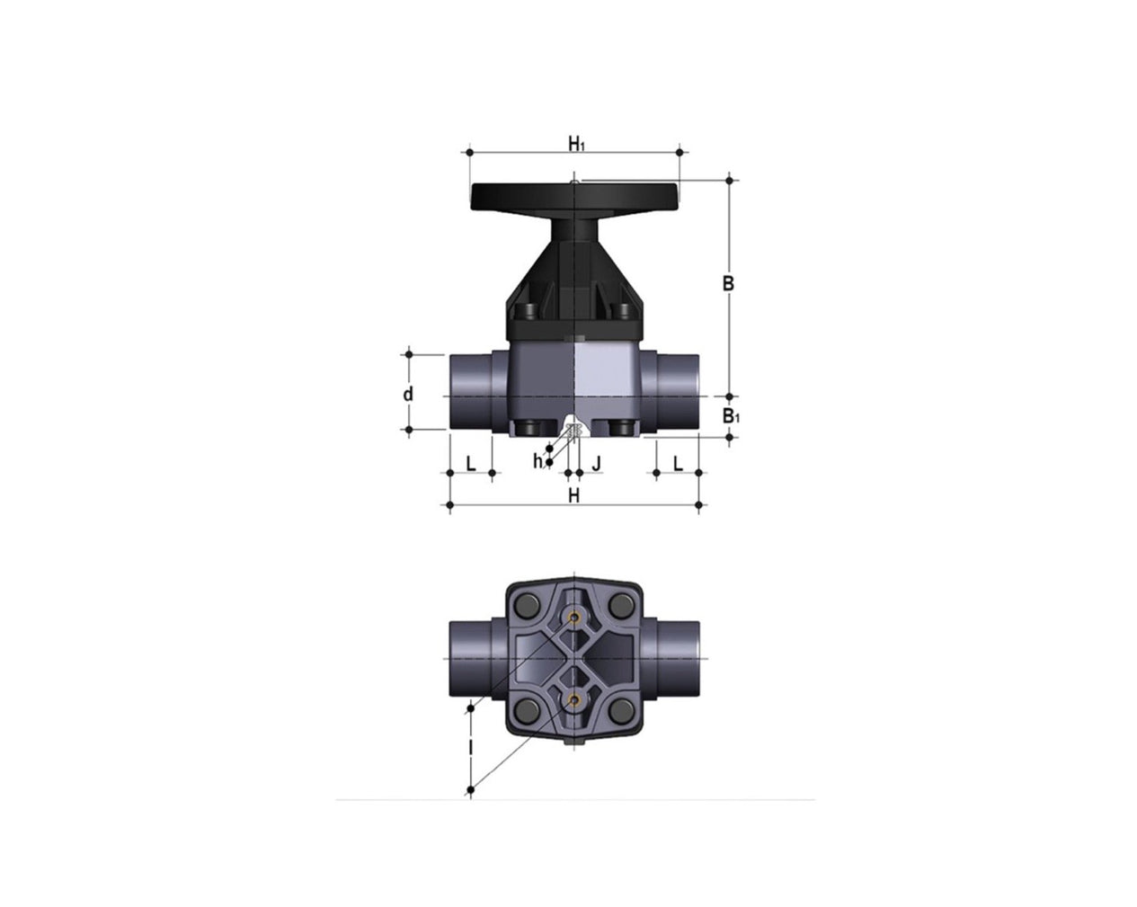 FIP 100 mm (DN100), VMDV PVC-U Diaphragm Valve, EPDM, Male Solvent Weld Connections