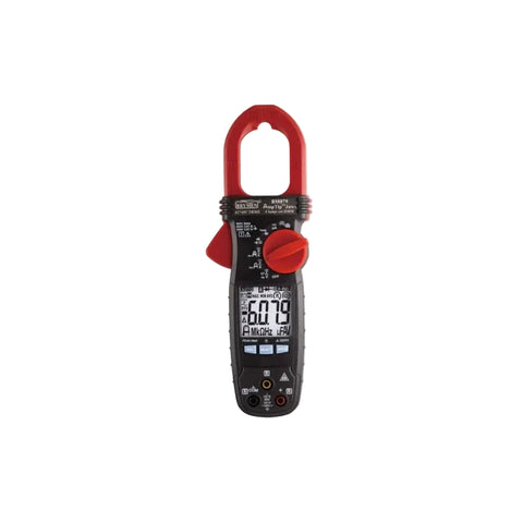 A digital clamp meter multimeter with a red jaw and a black body, featuring a digital LCD screen and rotary dial, shown against a plain white background.