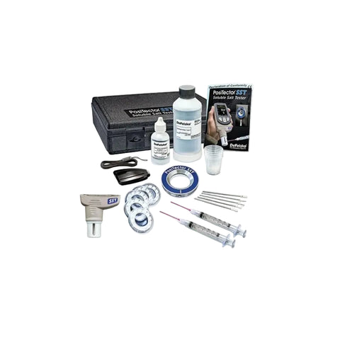 A Polifield Polifector SFT portable air filter kit arranged on a white background, including a black carrying case, bottle, filter cartridge, syringes, tape, and accessories.