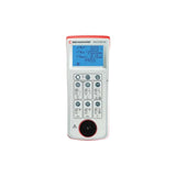 A Seaward PA423780 DL handheld electronic meter with a white body, red trim, blue backlit LCD screen, and a black rotary dial, shown on a plain white background.