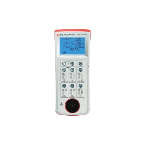 A Seaward PA423780 DL handheld electronic meter with a white body, red trim, blue backlit LCD screen, and a black rotary dial, shown on a plain white background.
