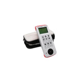 A handheld electronic device with a white body, red trim, and a small screen, shown standing upright in front of a black-and-white carrying case on a light gray background.