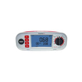 A PowerTest 300 digital multimeter with a white plastic body, a blue backlit LCD screen, red buttons, and a black rotary dial, shown against a plain white background.