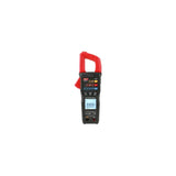 A handheld clamp meter multimeter with a black body, red jaw, and a small LCD screen, shown against a plain white background.