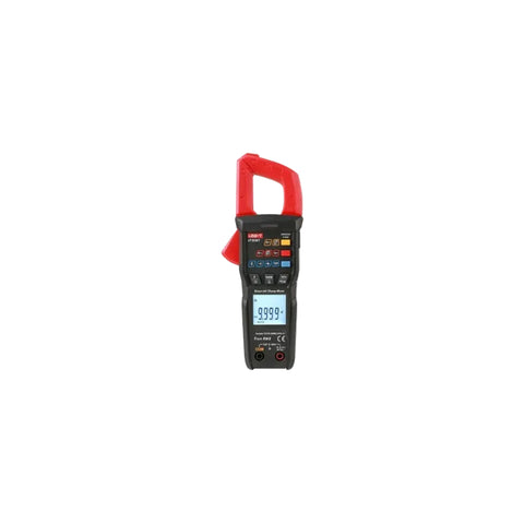 A handheld clamp meter multimeter with a black body, red jaw, and a small LCD screen, shown against a plain white background.