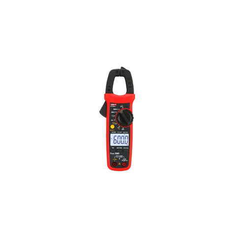 A red and black digital clamp meter with a small LCD screen, shown against a plain white background.
