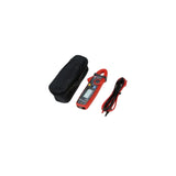 A red and black digital clamp meter with a black carrying case and red/black test leads, displayed on a clean white background.