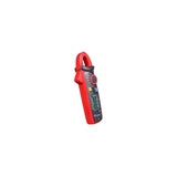 A digital clamp meter with a red body and black display face, shown on a plain white background.