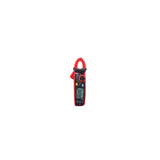 A digital clamp meter with a red and black body, featuring a small LCD screen and rotary dial, centered on a plain white background.