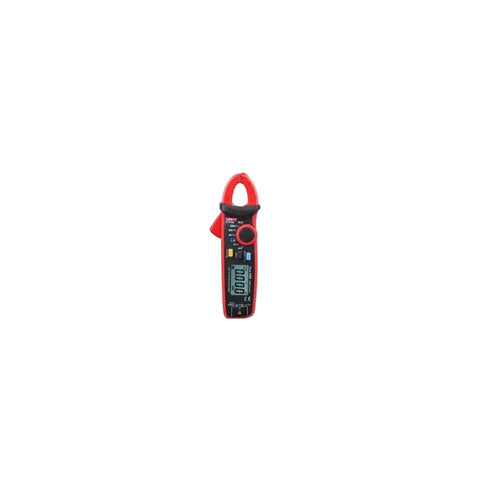 A digital clamp meter with a red and black body, featuring a small LCD screen and rotary dial, centered on a plain white background.