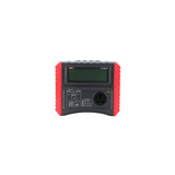 A UNI-T UT5000 digital multimeter with a black faceplate, red side grips, and a green LCD screen, shown on a plain white background.