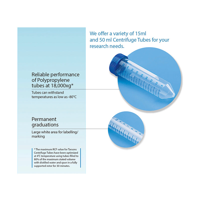 Tarsons 15 mL SPINWIN Clear Polypropylene Centrifuge Tubes with Lids - Box of 500 - Parkway Process Solutions