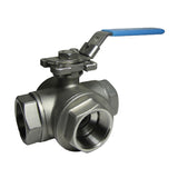 AVFI 32 mm (DN32) 3 Way Ball Valve, L-Port, BSP, Stainless Steel, Lever Operated