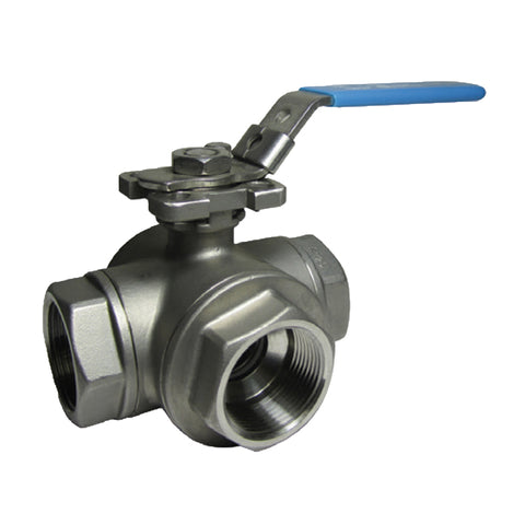 AVFI 50 mm (DN50) 3 Way Ball Valve, L-Port, BSP, Stainless Steel, Lever Operated